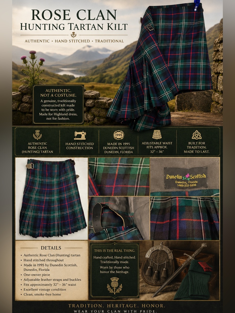 Authentic Rose Clan Hunter Modern Kilt made by Dunedin Scottish in 1995